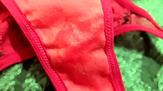 Charlando sobre cómo me limpió el coño peludo con mis bragas rojas, dejándolas empapadas