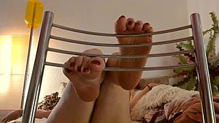 Hot milf amateur teases with big bare feet, wrinkled soles, toes, and red toenails