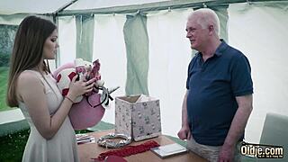 Teen babe's pussy smashed by old cock with deepthroat and facial