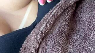 my lover enjoys my natural tits in video.