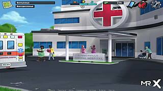 In Summertime Saga, she lets him grope her big tits and suck them