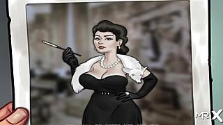 In Summertime Saga, she lets him grope her big tits and suck them