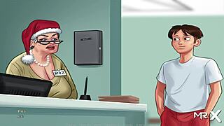 In Summertime Saga, she lets him grope her big tits and suck them