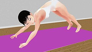 Anime girl performs stretch yoga exercises