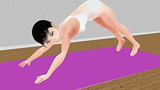 Anime girl performs stretch yoga exercises