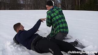 Three gay snowboarders dive into bareback fun after slopes