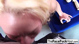 Cute blonde pornstar endures rough face fucking by two big cocks
