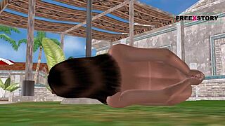 Cute girl masturbates with a cucumber in this 3D cartoon