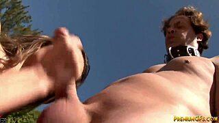 Teen gives rough handjob to mature cock