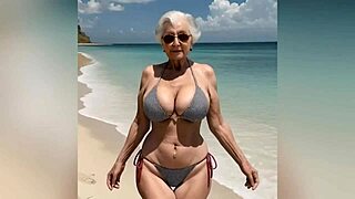 Dirty talking granny in sexy bikini, nude at end
