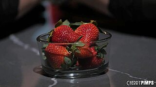 Glamorous petite 18+ teen enjoys riding her dildo after playful food fun