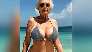 Dirty talking granny in sexy bikini, nude at end