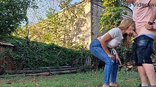 Neighbor gives deepthroat blowjob on my property 😍