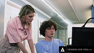 Horny teen Melody Marks teases coworker for sneaky late-night office sex.