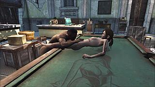 Three people having fun at the pool table and also having sex in a cartoon style
