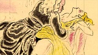 An old-school erotic illustration comes to life in vintage style.