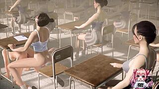 Anime classmates turn horny, banging hard in a public classroom with wild shemale action.