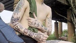 Young Guys Fuck Outdoors in Public Square.