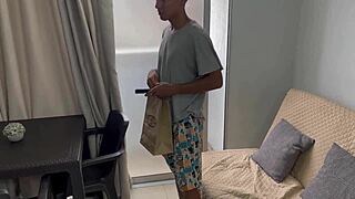 My cousin surprises me with a kinky deepthroat session