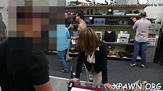 beauty competes in a rough sex game at the shop, sucking cocks hard