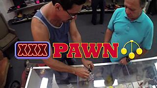 beauty competes in a rough sex game at the shop, sucking cocks hard