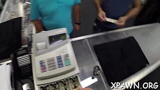 beauty competes in a rough sex game at the shop, sucking cocks hard