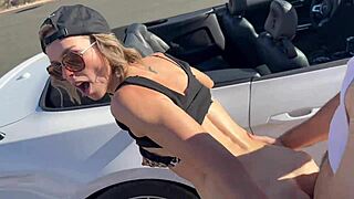 being fucked by two guys in public bent over car in desert 🔥