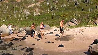 Beach group activity with intense drilling.