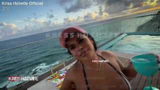 Dancing in micro bikini at hotel pool