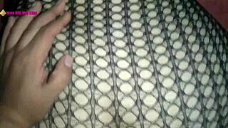 Latina wife in fishnets bent over