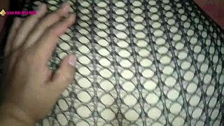 Latina wife in fishnets bent over