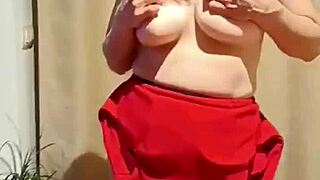 My teacher in a short red dress shows her dripping pussy, and we end up licking balls and fucking her monster cock