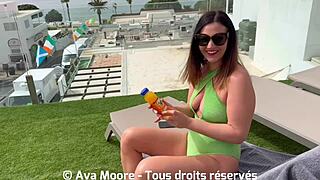 Brunette sucks huge dick and drinks cum outdoors.