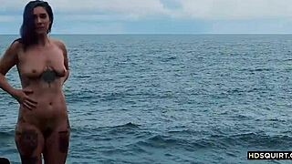 Free spirit girl cat asstrophe enjoys outdoor activities by the shore