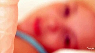 Blonde teen plays with big black dildo and monster cock toy