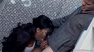 hot brunette milf sucks cock in the toilet