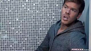 hot brunette milf sucks cock in the toilet