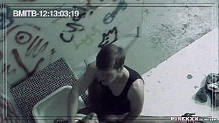 hot brunette milf sucks cock in the toilet