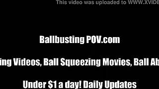 Femdom mistress teases and busts balls in rough BDSM session from POV.