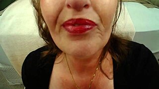 Redhead American mature sucks dildo in humiliating roleplay with facial