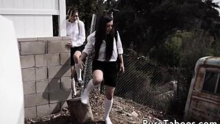 beautiful teens share a cock in a kinky threeway, riding cowgirl style.