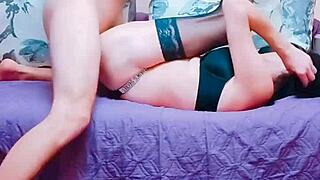 Kneeling and blowing deep in stockings
