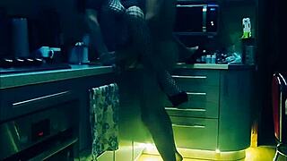 beautiful slender wife in bodysuit passionately connects in the kitchen in all positions