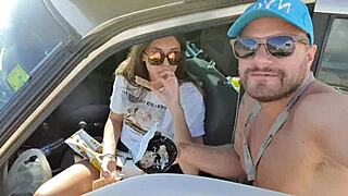 Hey, that teen 18+ is giving a risky blowjob to her boyfriend in public camping