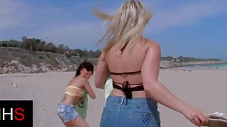 brunette and blonde girls get fucked by hot male at seaside with muff diving and blowjobs