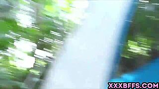 three slutty teens have outdoor sex at camping site