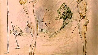 A vintage erotic animation shows bent over scenes with hairy characters in retro settings