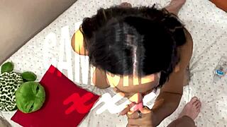 Sindy Memo is sucking that monster cock like a pro, ending with a big cumshot.