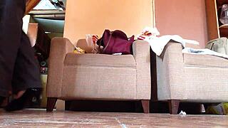 Hey, check out this shemale walking in black high heels