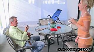 blondie jerks off her step-dad's monster cock!